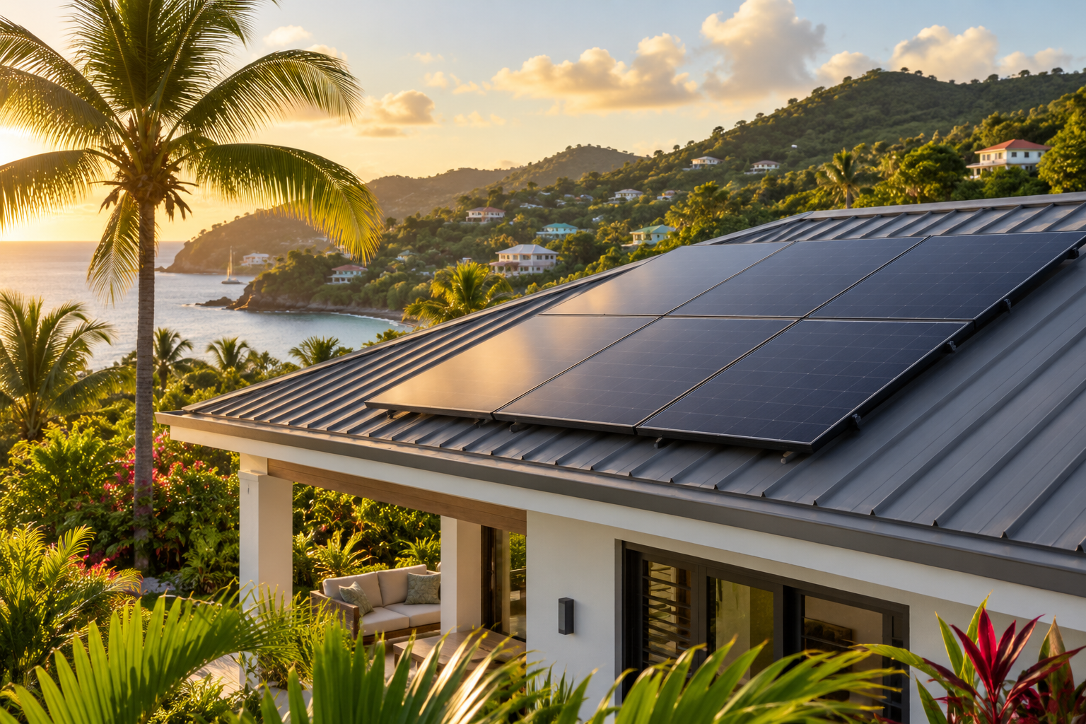 Illustrative solar panels on a tropical home