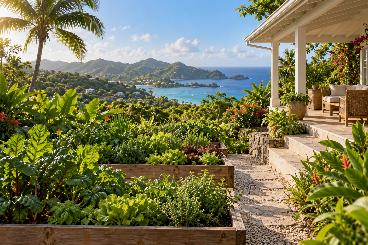 Illustrative tropical garden and Caribbean veranda overlooking the coast
